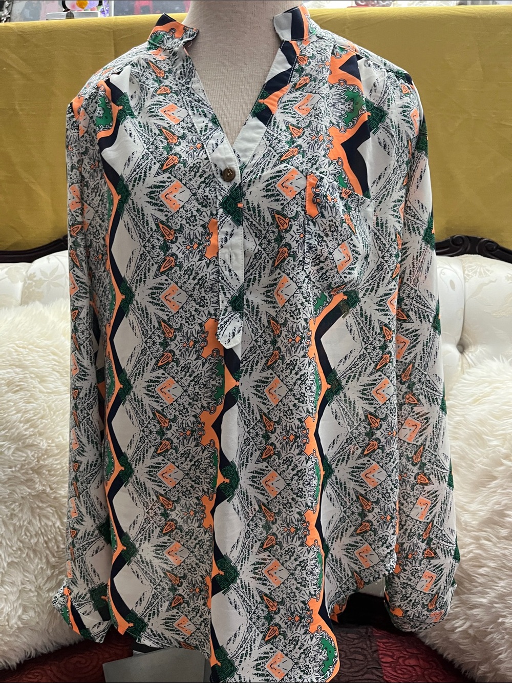 Geometric Print Button-Down Blouse in White, Orange & Green